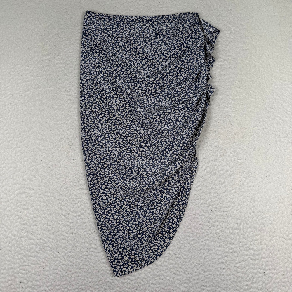 Veronica Beard Silk Ruched Midi Skirt Women Size 0 Blue Floral Asymmetric Hem